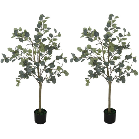 HOMCOM Set of 2 Decorative Artificial Plants, 4ft/ 120cm Silk Eucalyptus Trees with 230 Silver Dollar Leaves in Pot, Fake Plants for Home, Office, Living Room, Indoor Decor