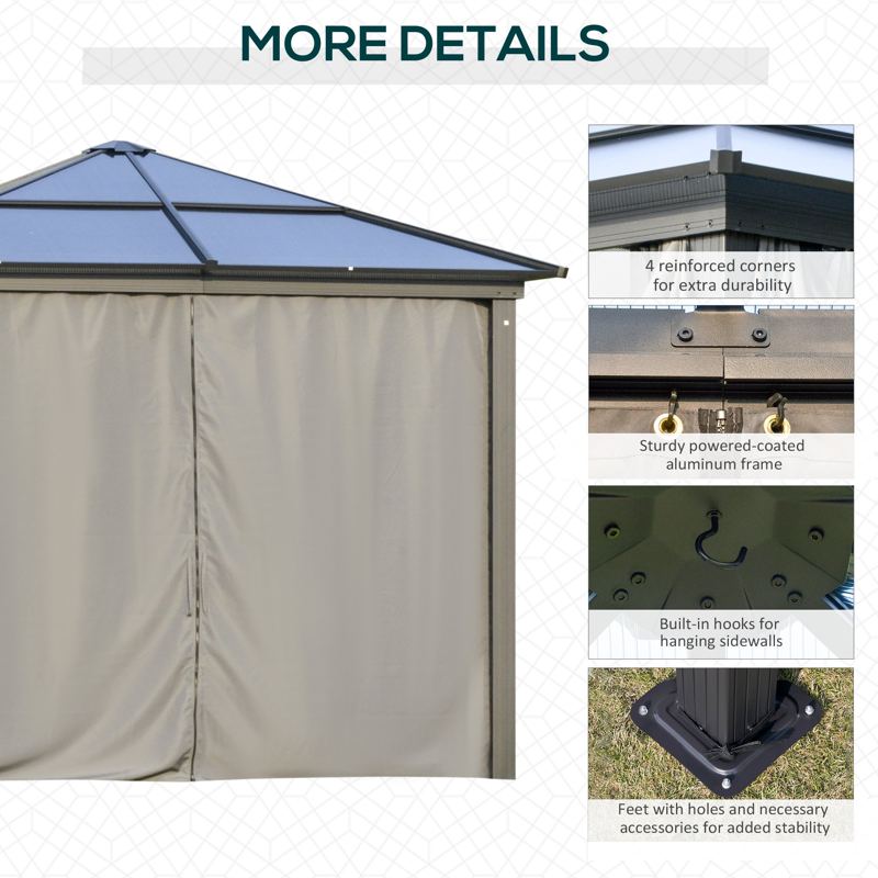 Outsunny 3 x 3(m) Hardtop Gazebo Canopy with Polycarbonate Roof, Aluminium Frame, Permanent Pavilion Garden Gazebo with Netting and Curtains for Patio, Deck, Dark Grey