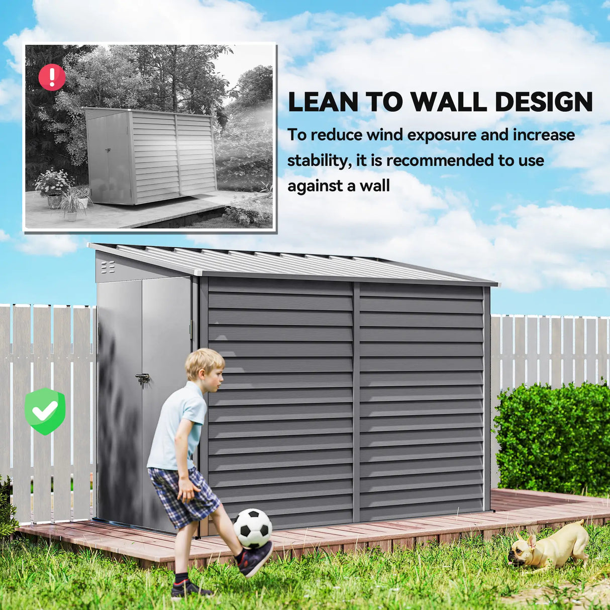 Outsunny 5 x 9ft Galvanised Metal Garden Shed with Foundation Kit, Outdoor Lean-to Shed, Tool Storage House with Lockable Doors, Gloves and 2 Air Vents for Patio, Garden, Grey