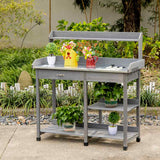 Outsunny Garden Potting Table, Wooden Workstation Bench w/ Galvanized Metal Tabletop, Drawer, Storage Shelves and Hooks for Patios, Courtyards, Balcony