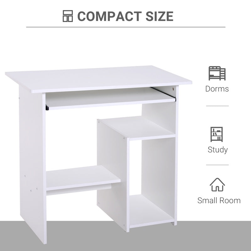 HOMCOM Compact Small Computer Table Wooden Desk Keyboard Tray Storage Shelf Modern Corner Table Home Office White