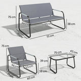 Outsunny 4 Piece Garden Furniture Set, Garden Sofa Set with Loveseat, 2 Armchairs, Tempered Glass Table for Balcony, Grey