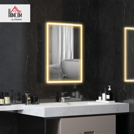 HOMCOM Bathroom Mirror Cabinet with LED Lights and Shaver Socket, 500 x 700 mm Wall Mounted Bathroom Cabinet with Mirror, Demister Pad, Dimmer, 3 Colours, Medicine Cabinet, Black