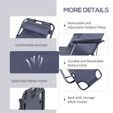 Outsunny 2 in 1 Folding Sun Lounger Reclining Garden Chair with 2-Level Adjustable Backrest, Outdoor Zero Gravity Recliner Garden Chair with Head Pillow and Armrests, Grey