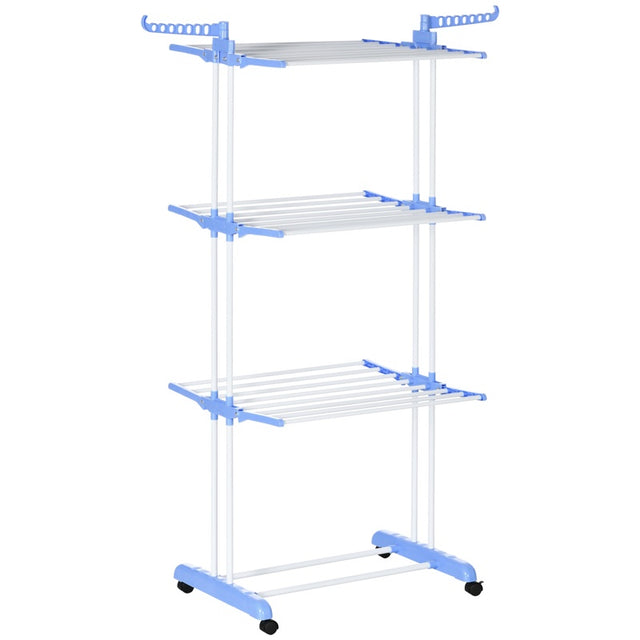 HOMCOM Foldable Clothes Drying Rack, 4-Tier Steel Garment Laundry Rack with Castors for Indoor and Outdoor Use, Blue