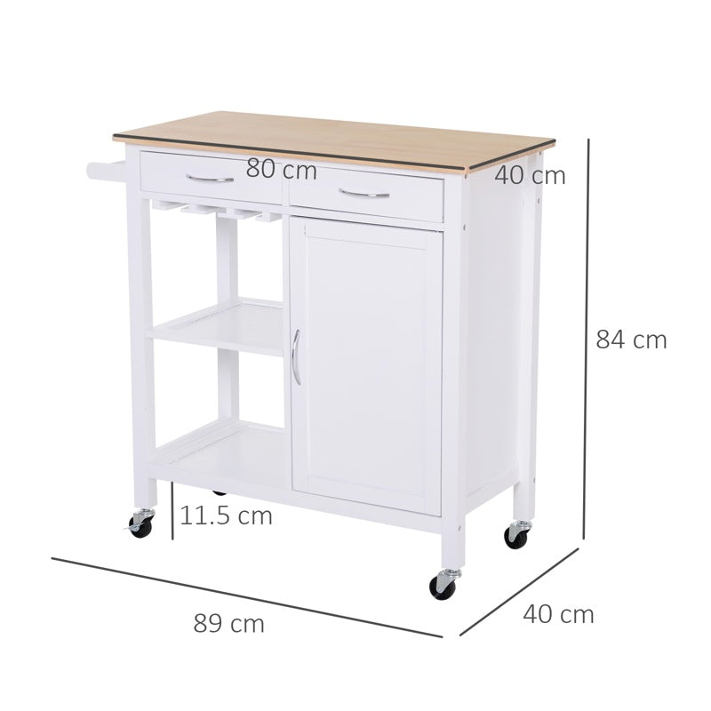 HOMCOM Kitchen Storage Trolley Cart Cupboard Rolling Wheels Shelves Cabinet Island W/ Drawers Towel Rail Wine Glass Rack Pine Wood Worktop  White