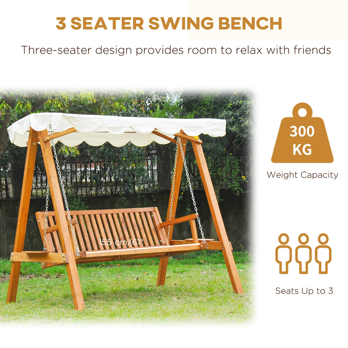 Outsunny 3 Seater Garden Swing Seat with Canopy, Wooden Swing Chair, Outdoor Hammock Bench for Balcony Patio Porch, Cream White