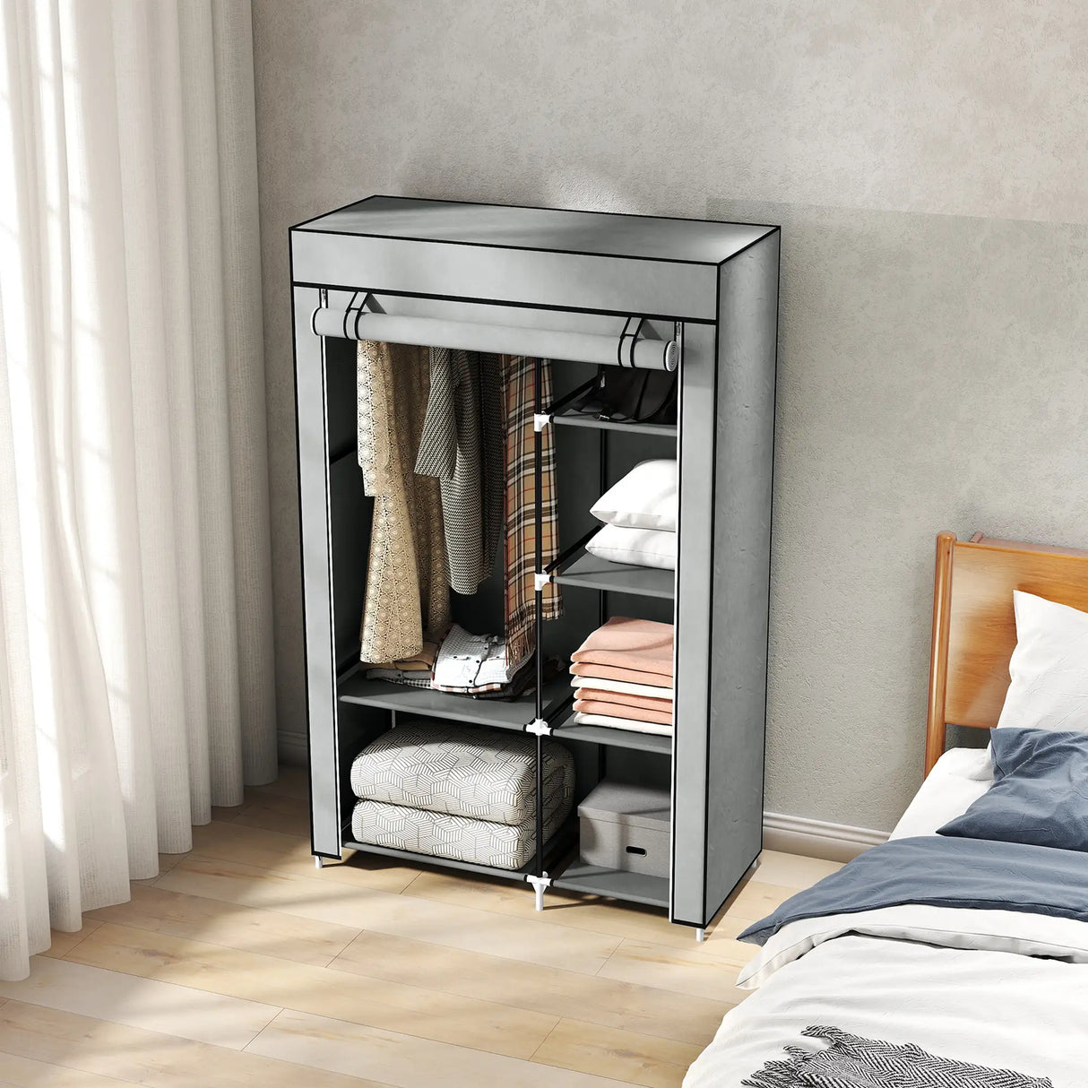 HOMCOM Fabric Wardrobe, Portable Wardrobe with 6 Shelves, 1 Hanging Rail, Foldable Closets, 103 x 43 x 162.5 cm, Light Grey