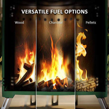 Outsunny Smokeless Fire Pit, 16 x 16 cm Stainless Steel Portable Wood Burning Firepit with Poker, Wood or Pellet Fuelled Tabletop Fire Pit for Garden Camping Bonfire Party, Green