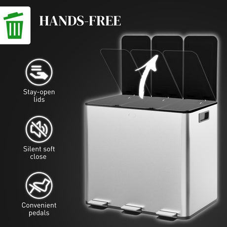 HOMCOM 3 x 15L Pedal Bin, Steel Triple Kitchen Bin with Soft Close Lid, Removable Inner Buckets, Fingerprint-Proof, Silver