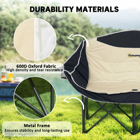 Outsunny Double Camping Chair for Adults, Oversized Heavy Duty Padded Folding Chair with Armrests, Cup Holders and Carry Bag for Outdoor Camping Hiking Picnic Fishing, 250kg Capacity, Khaki