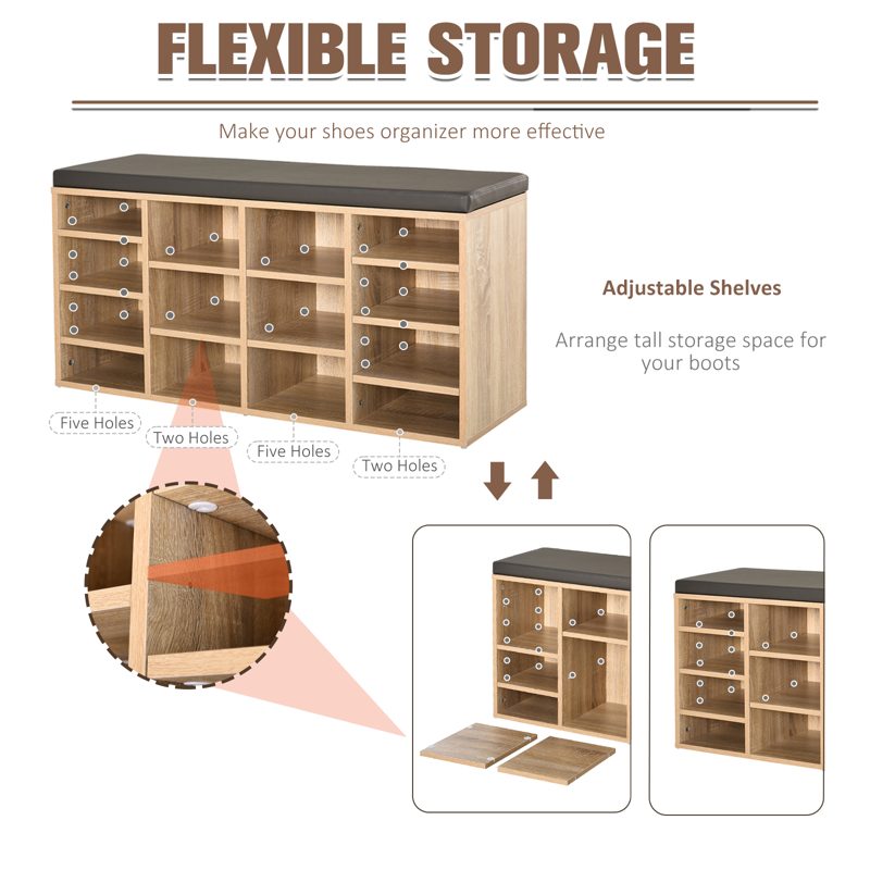 HOMCOM Multi-Storage Shoe Rack w/ 14 Compartments Cushion Moving Shelves Solid Frame Foot Pads Home Office Tidy Organisation Boots Trainers Brown