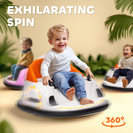 AIYAPLAY 360 Rotation Kids Bumper Car, 12V Waltzer Car with Remote Control, Dual Joysticks, Music Lights, Orange
