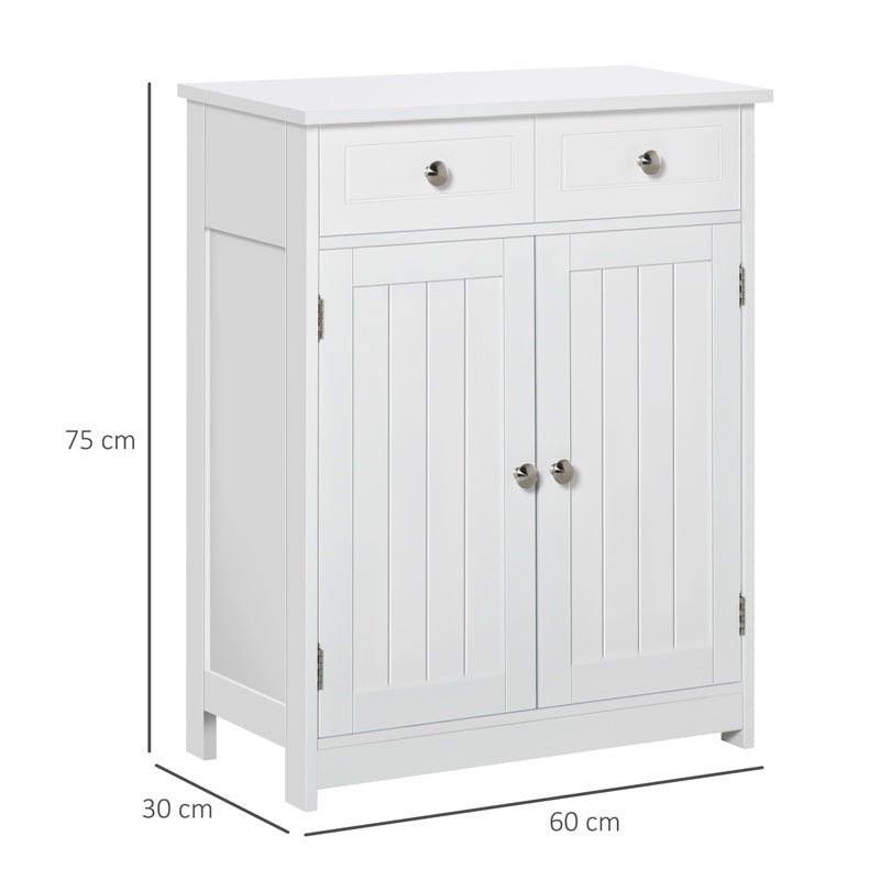 kleankin 75x60cm Freestanding Bathroom Storage Cabinet Unit w/ 2 Drawers Cupboard Adjustable Shelf Metal Handles Traditional Style White