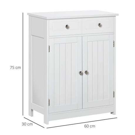 kleankin 75x60cm Freestanding Bathroom Storage Cabinet Unit w/ 2 Drawers Cupboard Adjustable Shelf Metal Handles Traditional Style White