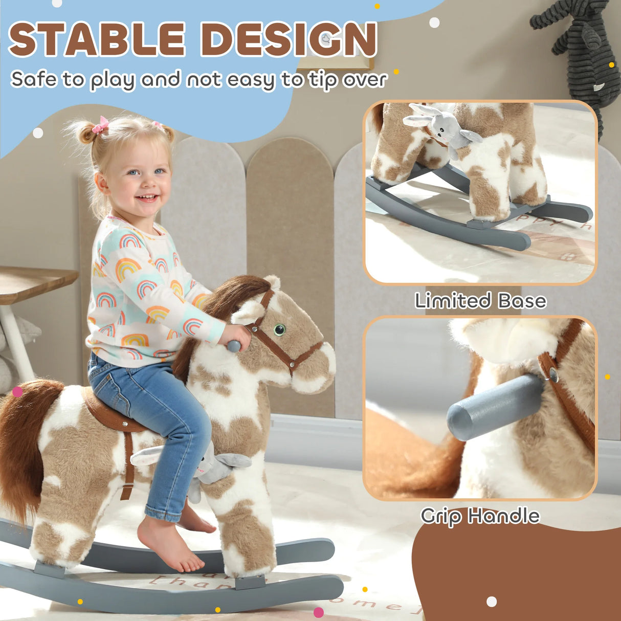 AIYAPLAY Baby Rocking Horse, Plush Animal Rocker with Realistic Sound and Toy, Rocking Toy Chair for Kids Aged 2-5, Brown