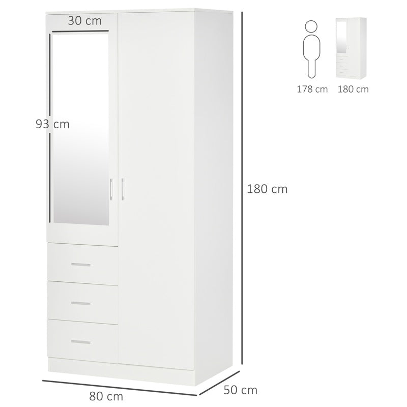 HOMCOM 2 Door 3 Drawer Mirrored Wardrobe with Hanging Rail, Modern Clothes Storage Cupboard with Mirror, Drawers and Adjustable Shelves for Bedroom, 80 x 50 x 180 cm, White