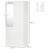 HOMCOM 2 Door 3 Drawer Mirrored Wardrobe with Hanging Rail, Modern Clothes Storage Cupboard with Mirror, Drawers and Adjustable Shelves for Bedroom, 80 x 50 x 180 cm, White