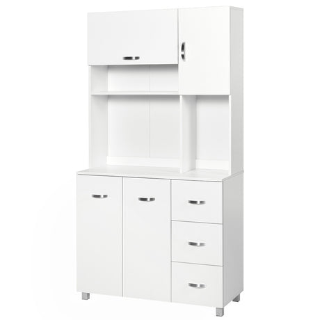 HOMCOM Freestanding Kitchen Cupboard, Storage Cabinet with Doors and Shelves, Drawers, Open Compartments for Microwave,White