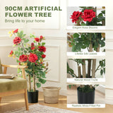 HOMCOM 90cm Artificial Rose Tree, Decorative Fake Plant with 344 Silk Leaves 17 Flowers for Outdoor Indoor Decor, Red