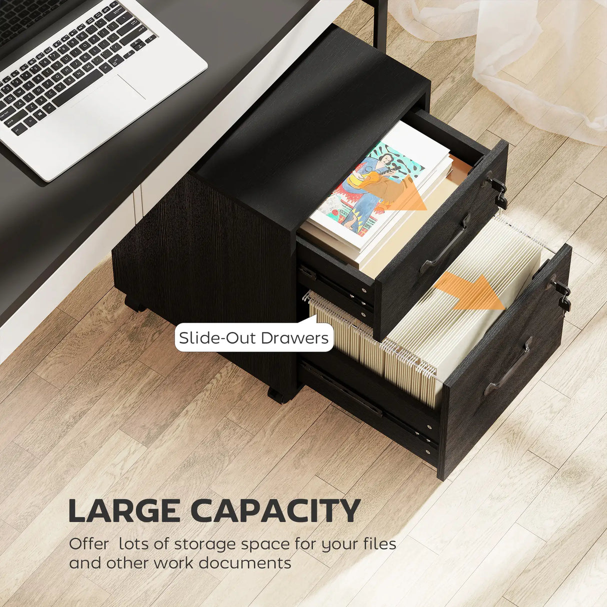 HOMCOM Rolling File Cabinet with 2 Drawers, Mobile Filing Cabinet with Hanging File Folder for Letter Sized Documents, Black