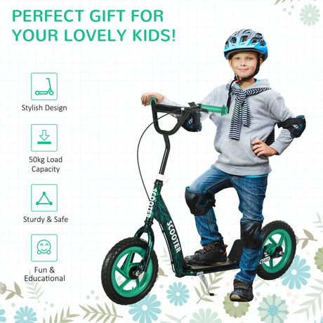AIYAPLAY Kids Scooter with Adjustable Handlebar, Children's Kick Scooter with Non-slip Footplate, Rear Brake, Kickstand, Green