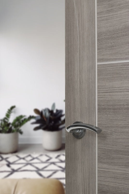 Eco Crest Aluminium Lever Door Handle on Round Rose - Satin Chrome/Polished Chrome - Set