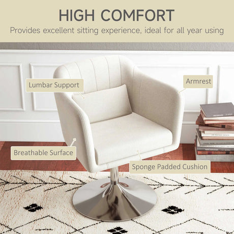 HOMCOM Modern Accent Chair with Swivel Base, Height Adjustable Arm Chair with Pillow for Living Room, Bedroom, Cream White
