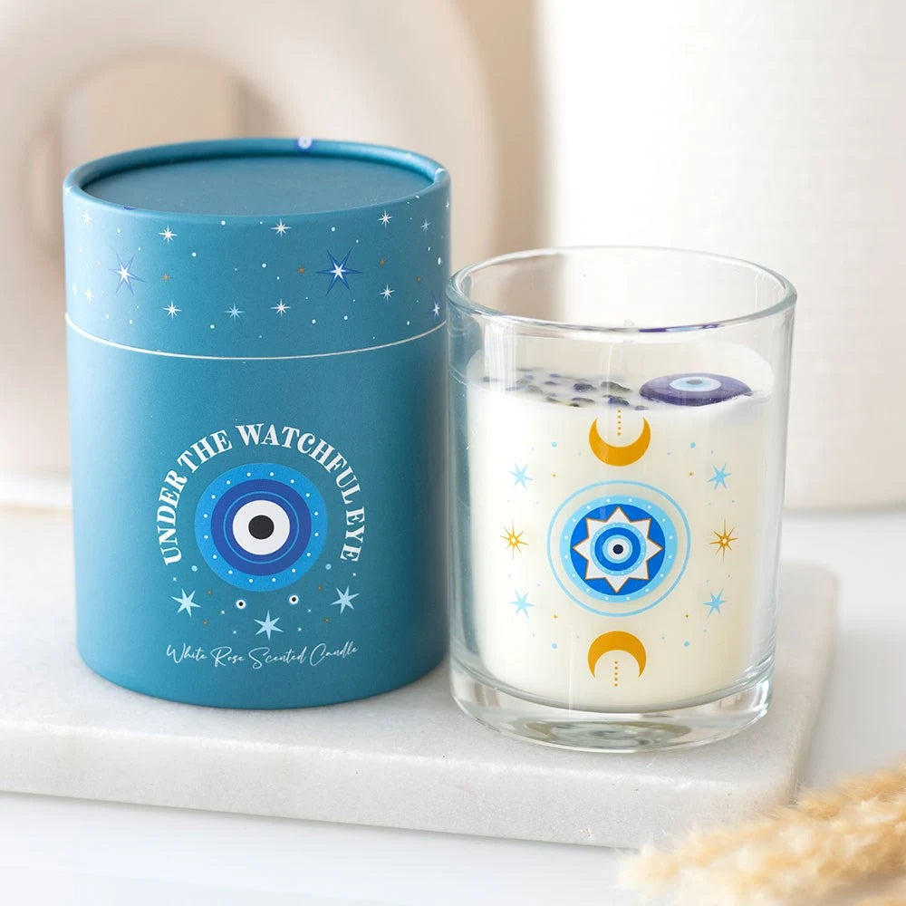 Under Watchful Eyes White Rose Candle with Crystals