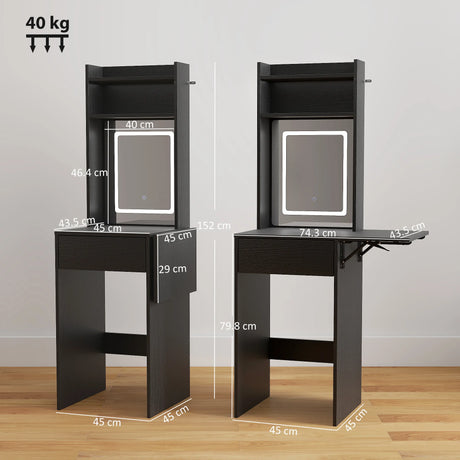 HOMCOM Small Vanity Desk with Mirror and LED Lights, Compact Dressing Table with Drop Leaf, Open Shelves and Drawer, Black