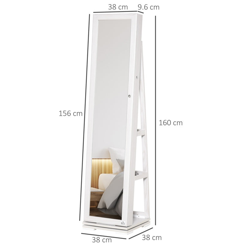 HOMCOM 360 Swivel Jewellery Cabinet with Full Length Mirror, Lockable Jewellery Organiser with Built-in Makeup Mirror and Storage Shelves for Bedroom, White