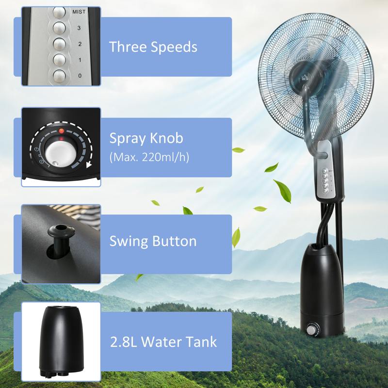 HOMCOM 18" Pedestal Fan with Water Mist Spray, Standing Fan, Humidifying Misting Fan with 3 Speeds, 2.8L Water Tank, Black