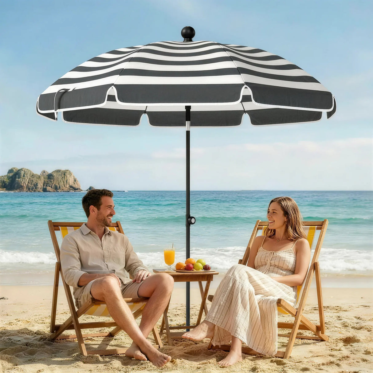 Outsunny 1.8 m Beach Umbrella Parasol with Sand Anchor, Portable 30 Tilting Patio Sun Shade with Adjustable Height, Grey/White