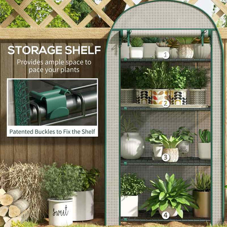 Outsunny 80 x 49 x 160cm Mini Greenhouse for Outdoor, Portable Gardening Plant Green House with Storage Shelf, Roll-Up Zippered Door, Metal Frame and PE Cover, White