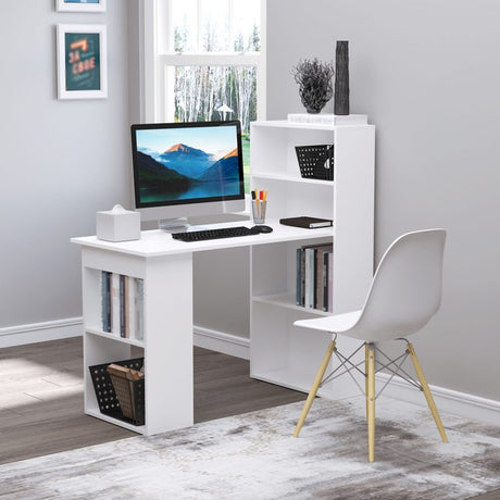 HOMCOM 120cm Modern Computer Desk Bookshelf Study Table Workstation PC Laptop Writing Home Office 6 Shelves White