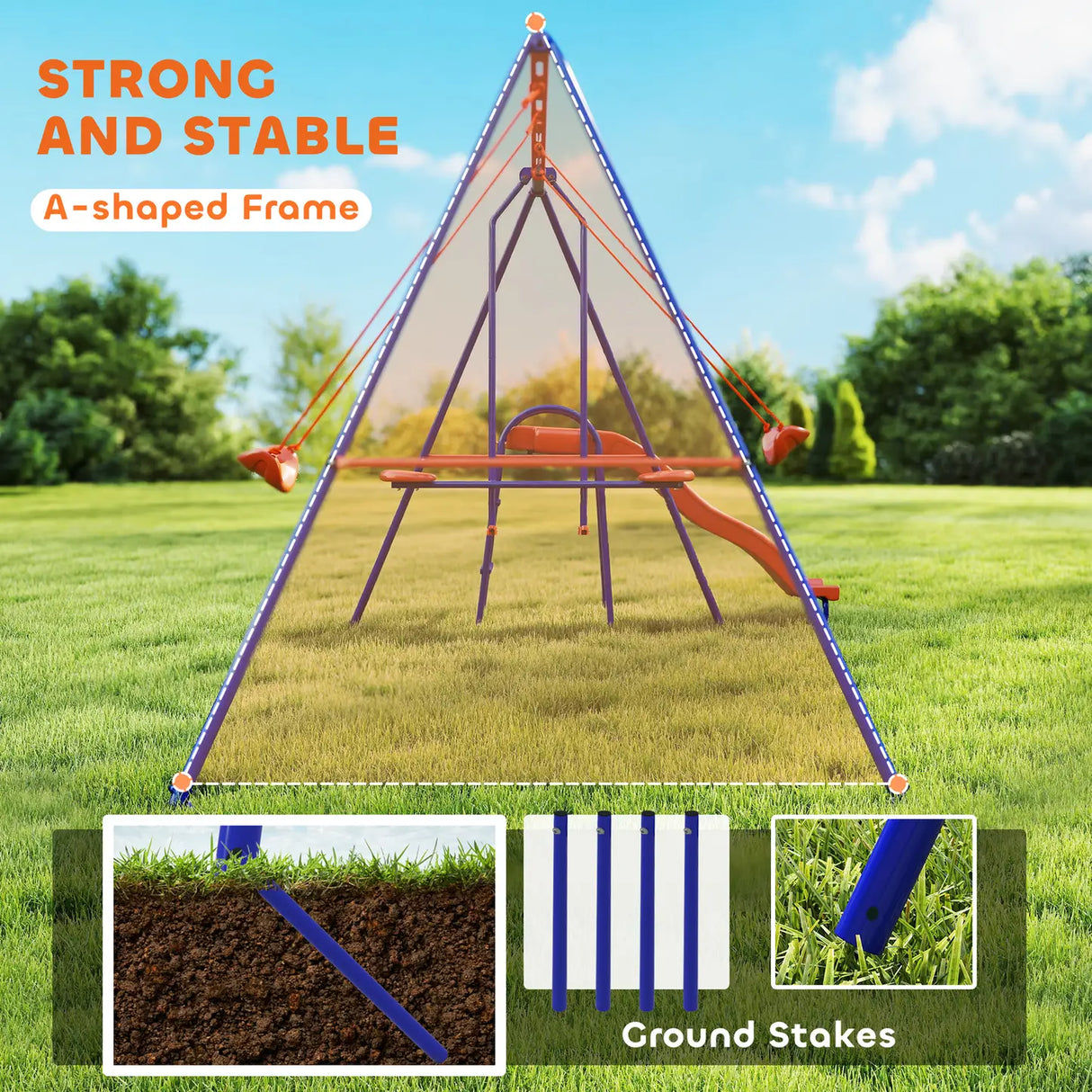 Outsunny Four-In-One Metal Garden Swing Set, with Double Swings, Glider, Slider, Ladder - Orange and Blue