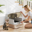 PawHut XXL Stainless Steel Cat Litter Tray, Enclosed Cat Litter Box with 90 Flip Cover, Double Doors, Scoop, Easy Clean, Grey