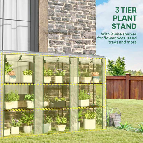 Outsunny 3 Tier Lean-to Mini Greenhouse with Reinforced Plastic Cover, Portable Small Greenhouse with 3 Roll-Up Doors, 215 x 46 x 151cm, Clear
