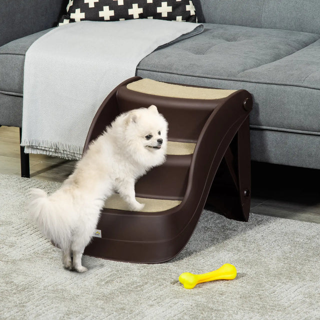PawHut Foldable Pet Stairs Portable Dog Steps 3-Step Design with Non-slip Mats for High Beds, Sofas, 49 x 38 x 38 cm, Brown