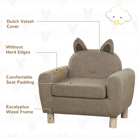 HOMCOM Kids Sofa Toddler Chair Children Armchair for Preschool Bedroom Playroom with Ear Modeling Wood Brown
