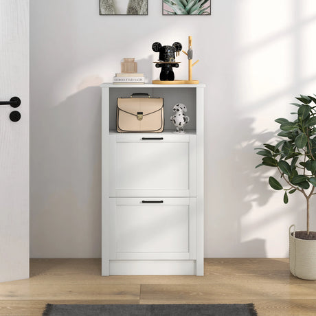 HOMCOM Modern Shoe Cabinet with 2 Flip Drawers and Adjustable Shelves, Narrow Shoe Storage Cabinet with Open Compartment, Holds 10 Pairs for Entryway, Hallway, White