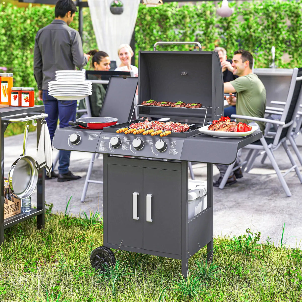 Outsunny 3+1 Burner Gas BBQ Grill, Outdoor Barbecue Trolley with Wheels, Warming Rack, Side Shelves, Cabinet, Thermometer for Garden, Party, Camping, 110L x 50W x 100Hcm, Grey