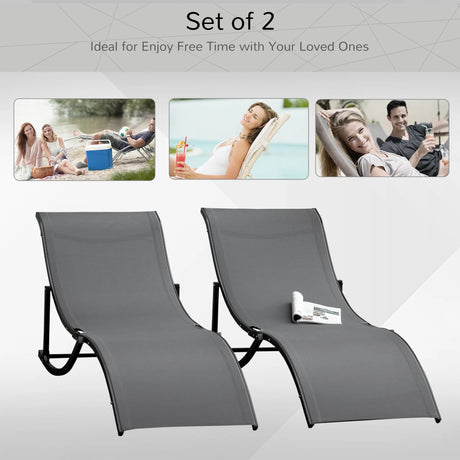 Outsunny Set of 2 S-shaped Foldable Lounge Chair Sun Lounger Reclining Outdoor Chair for Patio Beach Garden, Grey