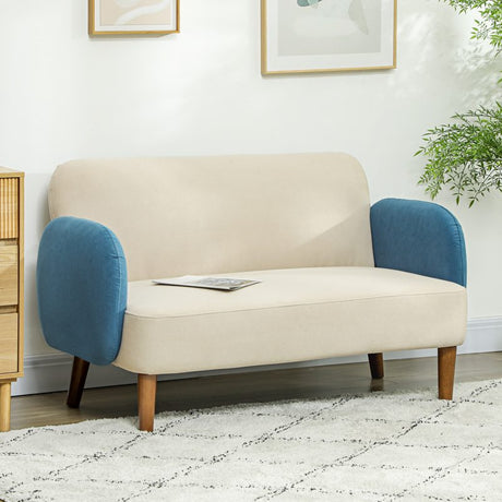 HOMCOM Two-Seater Velvet-Feel Mid Century Sofa - Cream/Blue