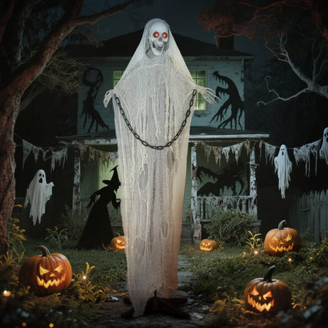 Outsunny 183 cm Life Size Halloween Animated Skeleton Grim Reaper with Glowing LED Eyes, Scary Halloween Decorations, Battery Operated, Indoor Party Props