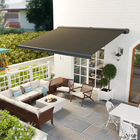 Outsunny 4 x 3(m) Full Cassette Electric Awning with Remote Controller, Aluminium Frame DIY Retractable Garden Awning, UPF50+ Sun Shade Canopy for Deck Door Window, Dark Grey
