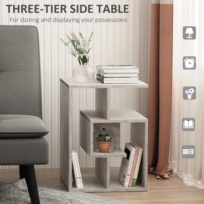 HOMCOM Side Table, 3 Tier End Table with Open Storage Shelves, Small Coffee Table Bedside Table for Living Room, Bedroom, Cement Colour