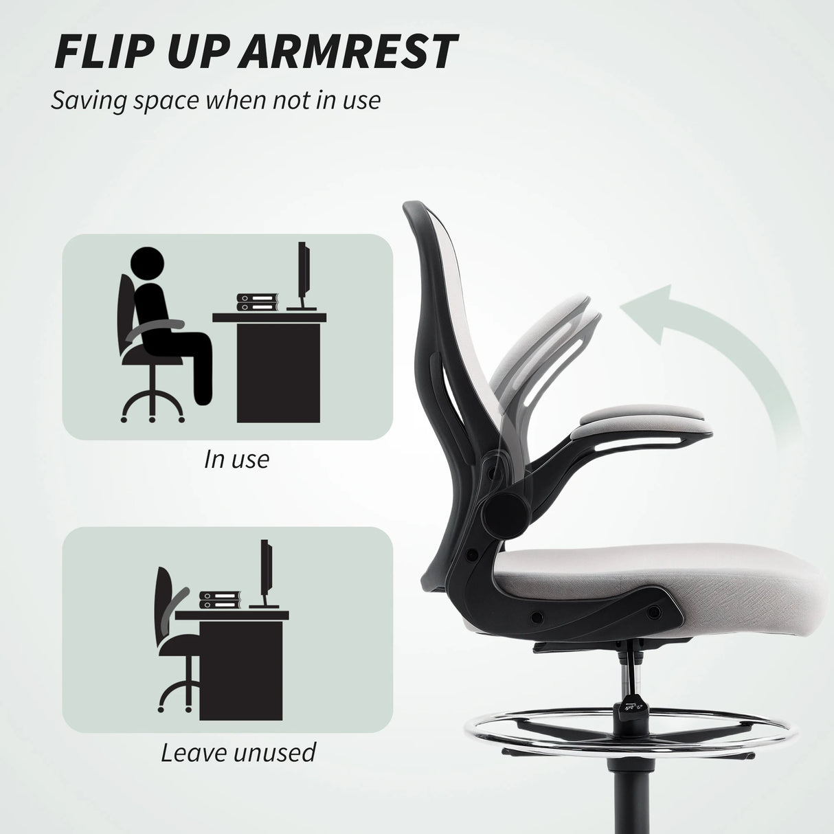 Vinsetto Adjustable Mesh Standing Desk Chair with Flip-up Armrests Lumbar Support Armrests Adjustable Footrest Ring Grey