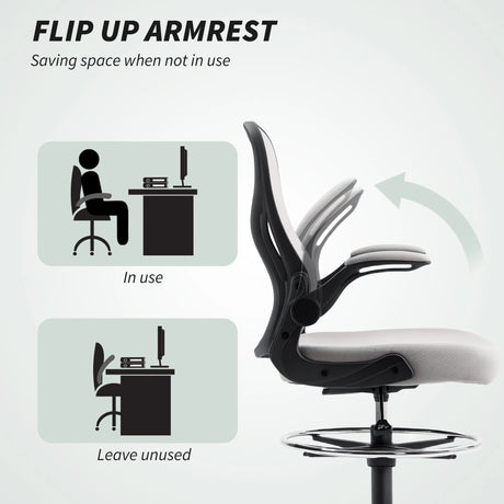 Vinsetto Adjustable Mesh Standing Desk Chair with Flip-up Armrests Lumbar Support Armrests Adjustable Footrest Ring Grey