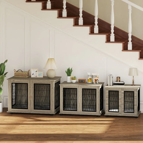 PawHut Indoor Dog Crate Furniture End Table with Soft Washable Cushion, Lockable Front Door, for Large Dogs - Grey